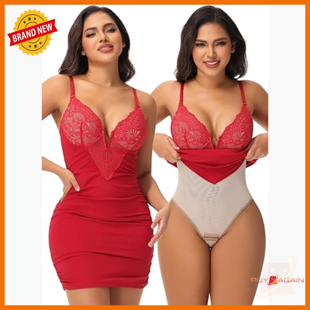 Lace Shapewear Dress Deep V-Neck Bodycon Mini with Built-in Support